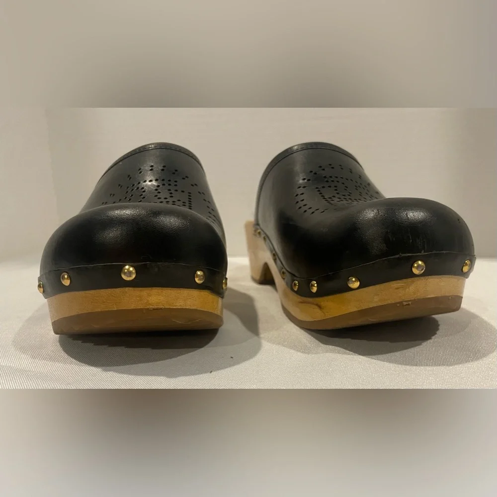 Tory Burch Black Leather & Wood Clogs with Gold Studs